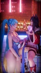 ruadhnait3dx artist_name watermark league_of_legends ahri sona_buvelle sona_(league_of_legends) bar drinks neon_lights neon dress animal_ears fox_ears fox_girl open_mouth seduction spell magic very_long_hair long_hair black_hair blue_hair twintails undressing undressing_another undressing_partner large_breasts breasts nipples areolae ass thick_thighs thighs purple_eyes enchanted sitting 2girls yuri lesbian tongue tongue_out smile