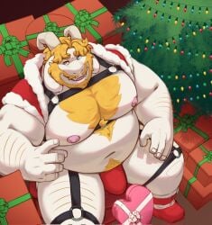 1boy asgore_dreemurr bara beard belly biceps blonde_hair box bulge chest_hair christmas_lights christmas_present christmas_tree english_commentary facial_hair fat furry furry_male gift heart-shaped_box heterochromia highres looking_at_viewer lustygus male_focus navel nipples open_mouth pectorals plump santa_costume sitting smile strap undertale utdr_(toby_fox)