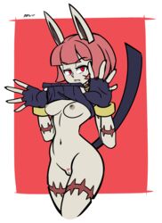 alternate_color animal_ears bottomless cat_ears cat_tail double_(skullgirls) female fingerless_gloves frown gloves highres looking_at_viewer mergeritter nadia_fortune navel pale_skin pink_hair pubic_hair pussy red_eyes scar serious shirt_lift short_hair skullgirls slit_pupils solo tail