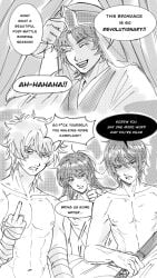 ena33333333 gintama gintoki_sakata takasugi_shinsuke katsura_kotarou sakamoto_tatsuma joui_4 male monochrome male_only 4boys threesome mmm_threesome walked_in_on caught caught_in_the_act angry english_text toned_male toned messy_hair interrupted