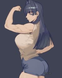 1girls ass big_breasts blue_eyes blue_hair breasts clothing flexing fully_clothed hololive hololive_english hololive_english_-council- hololive_english_-promise- large_breasts light-skinned_female muscular muscular_female ouro_kronii pomuya tight_clothing virtual_youtuber