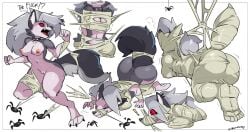 ambiguous_gender anthro areola big_butt biped bondage bound breasts butt canid canid_demon canine collar collar_only demon dt female feral fur genitals grey_hair hair hellaverse hellhound helluva_boss hi_res larger_female loona_(helluva_boss) mammal multicolored_body mummification mummified mythological_canine mythological_creature mythology nipples nude size_difference smaller_ambiguous smaller_feral spider spider_web spiked_collar spikes vulva web_bondage zinnick