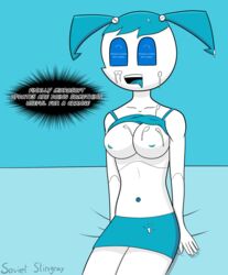 blue_skirt breasts cum cum_on_body jenny_wakeman kneeling microsoft mouth_open my_life_as_a_teenage_robot robot shirt_lift skirt smooth_skin sovietstingray text topless xj-9