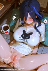 ai_generated arlequin097 clorinde_(genshin_impact) genshin_impact mihoyo 1girl long_hair breasts blush bangs large_breasts shirt 1boy hair_between_eyes closed_mouth blue_hair closed_eyes white_shirt short_sleeves hetero thighs multicolored_hair sweat lying penis pussy solo_focus shiny indoors spread_legs sex on_back cup streaked_hair wet see-through uncensored bottomless wet_clothes anal mug wet_shirt coffee