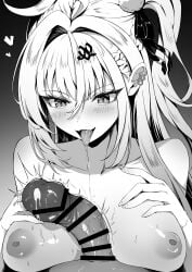 1boy 1girl absurdres bar_censor blush breasts censored cissia_(zenless_zone_zero) cum cum_on_body cum_on_penis fangs greyscale hetero highres large_breasts long_hair long_nails looking_at_penis monochrome nipples nude paizuri penis saliva saliva_trail snake_girl tongue tongue_out very_long_hair yahuillust zenless_zone_zero