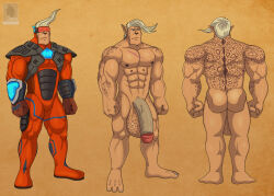 ratchet_and_clank wolfmaster 2024 armor suit dated video_games 1boy solo ace_hardlight_(ratchet_and_clank) blonde_hair humanoid bulge muscular bara nipples gay yaoi balls penis veiny_penis flaccid big_penis ass big_balls 3_fingers 3_toes blue_eyes simple_background character_sheet male male_only