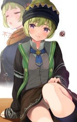 1girls besma_(romancing_saga) blush blushing breasts commentary_request female green_hair hairbun highres komone_ushio medium_breasts purple_eyes romancing_saga_2 saga_(series) upskirt underwear panties white_underwear white_panties pantyshot pantyshot_(sitting) multiple_views