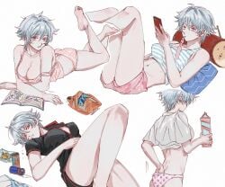 barefoot big_breasts boxers canon_genderswap cleavage eating ena33333333 feet feet_up female female_only food genderswap_(mtf) ginko_sakata gintama gintoki_sakata justaway milk_carton multiple_scenes on_back on_stomach pale-skinned_female pale_skin panties phone pink_panties polka_dot polka_dot_panties popsicle reclining red_eyes rule_63 short_hair soles solo tank_top tomboy underwear very_short_hair white_hair