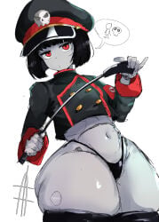 1girl android ass black_hair colored_skin commentary curvy dizuit_plus english_commentary grey_skin hat military_uniform navel original peaked_cap red_eyes riding_crop robot_commander_(bingbingzi) robot_girl robot_girl_(bingbingzi) simple_background sketch thick_thighs thighs white_background