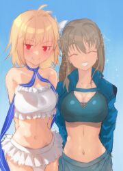 2girls ahoge alternate_costume antenna_hair arcueid_brunestud arcueid_brunestud_(dazzling_moon) arcueid_brunestud_(mooncancer) arms_behind_back bare_shoulders big_breasts bikini blonde_hair blue_bikini blue_jacket blue_ribbon blush breasts brown_hair burleciel cleavage closed_eyes commentary_request facing_viewer flower hair_between_eyes hair_flower hair_ornament highres jacket kagetsu_tooya large_breasts long_hair looking_at_viewer medium_breasts misawa_hanei multiple_girls navel official_alternate_costume open_clothes open_jacket red_eyes ribbon short_hair sidelocks smile sparkle swimsuit thighs tsukihime tsukihime_(remake) white_bikini
