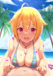 1boy 1girl ahoge areola_slip beach bikini blonde_hair blue_bikini blue_sky blush breasts cai_geng censored clothed_female_nude_male cloud commentary cowboy_shot cum cum_on_body cum_on_breasts day dolphin_pendant double-parted_bangs erection facial fingernails girl_on_top hair_between_eyes hair_flaps halterneck hetero highres horizon ibuki_tsubasa idolmaster idolmaster_million_live! jewelry large_breasts light_rays long_fingernails looking_at_viewer lying mosaic_censoring navel necklace nude ocean on_back on_stomach open_mouth outdoors paid_reward_available paint paint_on_body paizuri paizuri_under_clothes palm_tree pendant penis pink_nails pov pov_crotch public_indecency raised_eyebrows red_eyes short_hair sideboob sidelocks sky smile straddling striped_bikini striped_clothes sunbeam sunlight super_soaker sweat swimsuit thighs tree variant_set water water_gun