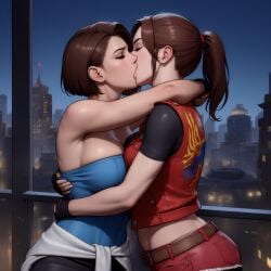 ai_generated 2girls female_only female/female multiple_girls multiple_females duo couple mutual_yuri yuri love romantic romantic_couple capcom resident_evil resident_evil_2 resident_evil_3 claire_redfield jill_valentine indoors window city cityscape building night sky night_sky midriff shirt black_shirt vest red_vest strapless tubetop blue_tubetop neck bare_shoulders belt brown_belt gloves black_gloves fingerless_gloves hugging closed_eyes kissing cleavage breasts big_breasts breast_press medium_breasts asymmetrical_docking short_hair bob_cut brown_hair ponytail tied_hair long_hair standing