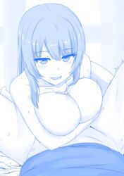 1boy :d bangs blue_theme blush breast_hold breasts cleavage cum cum_on_body cum_on_breasts cum_on_upper_body eyebrows_visible_through_hair female highres large_breasts looking_at_viewer monochrome nao_(ritsancrossover) open_mouth paizuri pov smile tawawa_on_monday trembling tsurime