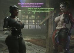 3d big_breasts bulge catwoman catwoman_(injustice) deadlockdead futa_on_female futanari harley_quinn harley_quinn_(injustice) hideout nova3d smiling talking