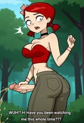 total_drama_island cartoon_network total_drama:_revenge_of_the_island zoey_(tdi) ai_generated 1girls 1futa solo solo_female solo_futa futanari clothed_female clothed_futa pants tube_top red_hair flower_in_hair penis penis_out peeing urination urine going_pee_pee pee looking_back looking_at_viewer surprised being_watched text caption