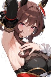 1girl ai_generated animal_ears armpit_fetish armpit_focus armpits breasts breasts_squeezed_together brown_hair female female_focus female_only gentildonna_(umamusume) horse_ears horse_girl looking_at_viewer red_eyes solo umamusume umamusume_pretty_derby