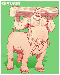 axe balls beard body_hair centaur chest_hair dogfu equine equine_taur facial_hair half-erect hi_res log lumberjack male male_only mammal medial_ring melee_weapon monochrome moustache muscular navel penis quadruped solo taur weapon wood