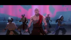 2girls 3boys aang action_pose avatar_the_last_airbender bare_shoulders battle_damage big_breasts blind breast_size_difference breasts busty cleavage dark-skinned_female dark-skinned_male dark_skin edit hairband huge_breasts katara large_breasts light-skinned_female light_skin long_hair muscular muscular_female muscular_male screencap screenshot skinny sokka the_legend_of_aang tied_hair toned toned_female toph_bei_fong ttrop zuko