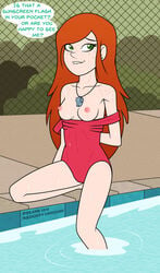 1girls 2018 arms_behind_back bathing_suit biting_lip breasts disney disney_channel english_text female female_only freckles gravity_falls green_eyes lifeguard long_hair necklace nipples one-piece_swimsuit poland_(artist) pool red_hair small_breasts solo speech_bubble straight_hair swimsuit topless wendy_corduroy whistle whistle_around_neck