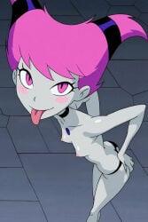 1girl 2d ai ai_generated anime_style black_bikini_bottom blush cat_eyes chest_jewel choker collar dc from_above grey_skin grey_skinned_female hair_horns hand_on_ass hand_on_hip jinx_(dc) looking_at_viewer looking_up nude perky_breasts perky_nipples petite_body pink_hair pointy_nipples purple_eyes pussy skinny_female slim_waist small_breasts solo teen_titans tongue tongue_out topless