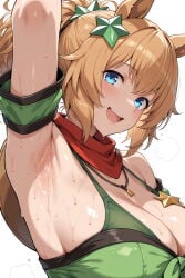 ai_generated umamusume umamusume_pretty_derby solo 1girl female female_focus female_only horse_girl horse_ears animal_ears armpits armpit_fetish armpit_focus taiki_shuttle_(umamusume) blonde_hair blue_eyes looking_at_viewer mouth_open breasts cleavage ponytail hair_ornament
