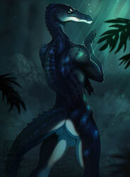 anthro anus athletic backsack balls blue_scales detailed_background dinosaur looking_back male rear_view scales sitara smooshkin solo standing theropod