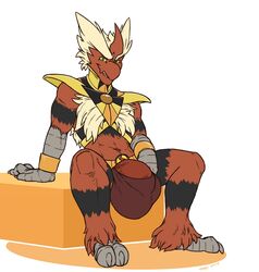 1boy 2018 2_toes 3_fingers abs anthro armor avian barely_contained beak belly belt big_penis big_testicles blaziken blonde_hair box bracelet bulge chest_tuft claws clothing feet green_eyes half-closed_eyes huge_penis humanoid_penis hyper hyper_penis kenjin licking_lips looking_at_viewer male male_only mega_blaziken mega_evolution mega_stone midriff muscular navel nintendo original_character penis pokemon pokemon_(species) pokemon_oras pokemon_rse red_penis red_skin short_hair sitting smile solo testicles text thick_penis thick_thighs tongue tongue_out underwear veins veiny_penis video_games watermark white_background yellow_sclera