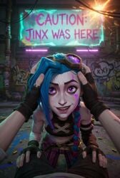 jinx_(league_of_legends) league_of_legends blue_hair purple_eyes braided_hair long_hair gloves 1girls 1boy head_grab crazy_eyes makeup tattoo tattoos on_knees male_pov pov 3d ai_generated aistuffo 2026 clothed straight pants smile looking_at_viewer