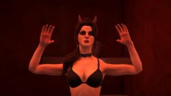 3d 3dcg absurd_res arms_up bare_shoulders black_bra bra_only brown_hair_female character_request cleavage collar collarbone edited_screencap emotionless emotionless_female expressionless fake_horns female female_only game_cg hands_up highres large_breasts long_hair_female mature_female nameless_character red_lipstick saints_row saints_row_the_third source_request stripper sunabouzu_(artist) uncaring uncaring_female unnamed_character