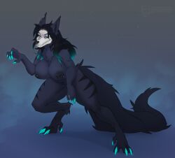 absurd_res anthro barbell_piercing big_breasts black_body black_fur black_hair blue_eyes blue_hair_tips bone breasts canid canine canine_ears claws ear_piercing fan_character female fur genitals hair hi_res leaning leaning_forward long_tail malo mammal markings mature_female momhopantsu nik0_(niko_stargazer) nipple_piercing nipples nude piercing scp-1471-a scp_foundation sharp_teeth simple_background skull skull_head solo spread_legs spreading tail teeth
