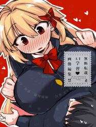 1boy 1girl 2323astronomy alternate_breast_size_(larger) alternate_costume antenna_hair archetype_earth archetype_earth_(third_ascension) arcueid_brunestud big_breasts blonde_hair blue_jacket blush bow breast_focus breasts breasts_squeezed_together buttons collared_shirt commentary_request gakuran girl_on_top hair_bow hair_intakes heart huge_breasts jacket large_breasts long_hair looking_at_another pinned red_bow red_eyes school_uniform shirt solo souya_high_school_uniform sweat tohno_shiki tsukihime tsukihime_(remake) upper_body very_long_hair watermark white_shirt
