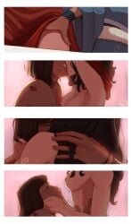 2girls arm_around_partner artist_logo asami_sato avatar_the_last_airbender black_hair blue_eyes blush breasts brown_hair canon_couple cleavage closed_eyes color comic completely_nude curly_hair dress_lift french_kiss half-closed_eyes hand_on_another's_face hand_under_clothes imminent_sex kiss_mark kissing korra lighting lipstick lipstick_mark long_hair looking_at_breasts looking_pleasured nipples no_bra painted_nails persnickety pink_background red_lipstick red_nails romantic romantic_couple side_view the_legend_of_korra toned toned_female undressing unseen_female_face watermark white_border yuri