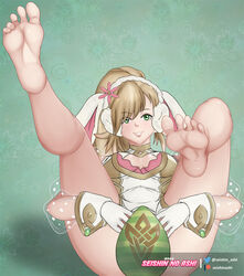 bad_censor barefoot covering covering_crotch feet female fire_emblem fire_emblem_heroes presenting_feet seishinashi sharena_(fire_emblem) sharena_(spring)_(fire_emblem) smile soles spread_toes toes