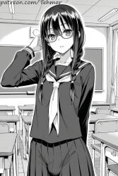 tehmar ai_generated saki_yoshida emergence metamorphosis genderswap genderswap_(ftm) femboy trap male transfem trans_woman monochrome 1boy greyscale school_uniform braid twin_braids solo glasses serafuku desk long_hair school_desk skirt classroom indoors looking_at_viewer pleated_skirt bulge hair_over_shoulder chalkboard