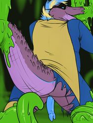 2015 anthro big_tail binturongboy blonde_hair blue_hair blue_penis cape clothed clothing costume crocodile crocodilian hair hi_res long_tail looking_back male male_only mask multicolored_hair open_mouth penis reptile scalie shiny simple_background slime solo spikes superhero teeth torn_clothing two_tone_hair volteer_(binturongboy)