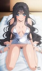 1girl, 4k 8k acrylic ai_generated anatomy, and anime beautiful black blue body body, bra, breasts, bright buttocks, content, detailed detailed, down, dress, explicit expressive eyes, face, feet feet, female, front full full-body futon, glossy hair hair, hairband, happy heel high high-quality hotel indoors, intakes, kaoru_hana_wa_rin_to_saku legs legs, light lights, long lying makeup, manicure, masterpiece, mature medium mini no nsfw, painting, panties, pedicure, perfect position, pubic quality, raised, resolution, room, sandals, screencap, shape, sidelocks, sitting skin, soft swimsuit swimsuit, tied tight toenails, toes, transparent very view, visible waguri_kaoruko wavy