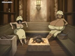 2girls alternate_breast_size ass_expansion avatar_the_last_airbender big_breasts breast_expansion female female_only hyper_breasts katara multiple_girls otakusedits sauna screenshot_edit toph_bei_fong towel