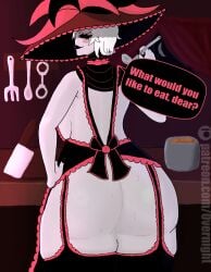 artist_logo artist_name artist_signature ass_focus ass_up big_ass big_breasts black_eyes cartoon commission demon_girl dominant_female fluids fluids_drip grey_skin half-dressed half_naked hat hazbin_hotel monster_girl no_bra no_panties nsfw older_female artist:overnight rosie_(hazbin_hotel) smile taller_female white_hair stading cooking detailed_background back_view background handcuffs kitchen teasing nails_painted dialogue high_resolution highres