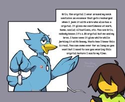 conditional_dnp kinkykong deltarune undertale_(series) berdly kris_(deltarune) avian bird human mammal anthro areola beak blue_body blue_feathers dialogue duo electronics eyewear feathers glasses jewelry jo_crystal male message necklace nipples nude open_mouth phone text english_text hi_res meme