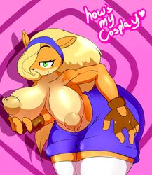 2016 anthro areola bandicoot big_breasts big_nipples blonde_hair breast_grab breasts clothed clothing coco_bandicoot coco_bandicoot_(crash_of_the_titans) crash_(series) erect_nipples female green_eyes hi_res huge_breasts jaynatorburudragon mammal marsupial nipples partially_clothed solo text topless video_games