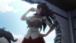 1girls ai_generated blush breast_expansion cleavage curvy danganronpa_2:_goodbye_despair dark-skinned_female female_only flexing full_body gigantic_breasts green_eyes hand_on_hip large_breasts long_hair muscle_growth owari_akane solo sound tagme thick_thighs torn_clothes video virasense
