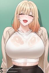 1girl breasts solo closed_eyes blonde_hair smile open_mouth mole shirt mole_under_mouth green_background sweat wet bra_visible_through_clothes wet_clothes bangs white_shirt jacket medium_hair huge_breasts open_clothes see-through facing_viewer blush see-through_shirt gradient gradient_background crop_top wet_shirt collarbone open_jacket pants upper_body black_pants park_dayoung circles unjobdespiert ai_generated 1female looking_at_viewer curvy huge_ass big_breasts big_ass 1girls 2026 artist_name watermark hi_res highres high_quality high_resolution patreon_username patreon