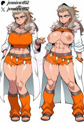 1girl abs ai_generated aqua_eyes artist_logo artist_name beads blue_eyes bracelet breasts breasts_out brown_hair cleavage closed_mouth clothes_lift clothing coat collarbone crop_top curvy earrings female footwear forehead frown full_body fur_trim hair_pulled_back hair_slicked_back hand_in_pocket hand_up hands_in_pockets jacket jennieart02 jewelry lab_coat large_areolae large_breasts leg_warmers long_hair looking_at_viewer looking_to_the_side loose_socks midriff multiple_views muscle muscular muscular_female nail_polish navel necklace nipples no_bra open_clothes open_coat orange_nails orange_shirt orange_shorts orange_socks patreon patreon_logo patreon_username pokemon professor_sada_(pokemon) sandals shiny_skin shirt shirt_lift short_shorts shorts simple_background standing stomach sweat thick_thighs thighs toeless_footwear toenail_polish toenails toes twitter twitter_username v-shaped_eyebrows watermark web_address white_background white_coat wide_hips