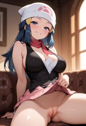 dawn_(pokemon) pokemon ai_generated big_breasts seductive seductive_smile blush living_room sitting couch on_couch sitting_on_couch blue_hair blue_eyes hairclip looking_at_viewer teasing teasing_viewer pussy clothed clothes_lift no_panties scarf red_scarf sleeveless skirt long_hair black_shirt hat showing_pussy