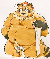 1boy 2017 anthro balls belly blush brown_fur canine closed_eyes fur hat male male_only mammal moobs nipples overweight overweight_male penis simple_background solo suishou0602 tanuki white_background