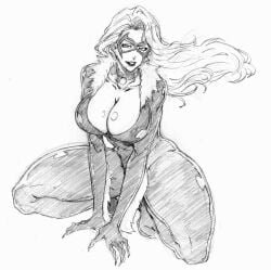 felicia_hardy black_cat_(marvel) marvel marvel_comics spider-man_(series) 2026 black_and_white sketch white_background 1girls female superheroine mask masked masked_female eyemask domino_mask bodysuit skin_tight tight_clothing tight_clothes white_fur white_hair light_skin light-skinned_female shiny shiny_clothes eyelashes collar choker breasts big_breasts huge_breasts large_breasts thick_breasts massive_breasts hips wide_hips thick_hips thick thick_thighs curvy curvy_figure curvy_body curvaceous curvaceous_figure curvaceous_body curvy_hips curvaceous_hips curvaceous_female curvy_female seductive_pose seducing enticing alluring temptation tempting teasing teasing_viewer tempting_viewer looking_at_viewer bursting_breasts cleavage rakusakugk shiny_breasts shiny_skin