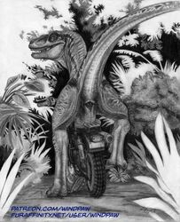 animal_genitalia ass blue_(jurassic_world) cloaca dinosaur female feral furgonomics hi_res jurassic_park jurassic_world looking_at_viewer looking_back monochrome motorcycle outside plant presenting presenting_cloaca raised_tail raptor rear_view scalie sharp_teeth sitting solo spread_cloaca teeth theropod vehicle windpaw