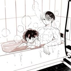 sushi39222 bath bathtub bathing nude nervous abs pectorals midoriya_izuku todoroki_shoto tododeku boku_no_hero_academia two-tone_hair freckles scar 2boys yaoi shounen_jump bones_(company) izuku_midoriya shouto_todoroki my_hero_academia