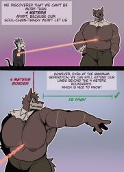 2_panel_comic adrian_(king_slabu) american_opossum anthro arm_scar big_bulge big_muscles big_nipples big_pecs bone bottomwear bulge canid canine canis chain clothed clothing comic digital_media_(artwork) domestic_dog duo english_text eyewear glasses green_bottomwear green_clothing green_pants hi_res huge_bulge huge_muscles king_slabu larger_anthro larger_male male mammal marsupial muscular muscular_anthro muscular_male nipples nolan_(king_slabu) pants pecs pose round_glasses scar shirt size_difference skull skull_head smaller_anthro smaller_male spirit tank_top text topwear torn_clothing torn_topwear virginia_opossum