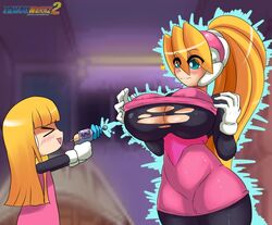 2girls alouette_(mega_man) bangs blonde_hair blue_eyes blunt_bangs blush bodystocking bodysuit breast_expansion breasts capcom ciel_(mega_man) dress eyebrows_visible_through_hair eyes_visible_through_hair female female_only fringe gloves hair_between_eyes huge_breasts inti_creates large_breasts long_hair mega_man mega_man_zero multiple_girls open_mouth pink_skirt skirt smile spandex torn_bodysuit torn_clothes tumother white_gloves wide_hips